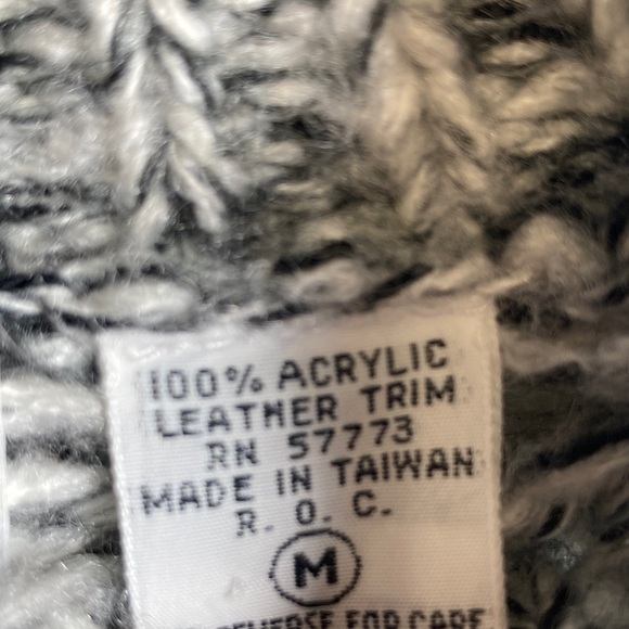 Vintage Front Line Chunky Geometric Knit Sweater w/ Real Leather Trim Sz M - Picture 3 of 12